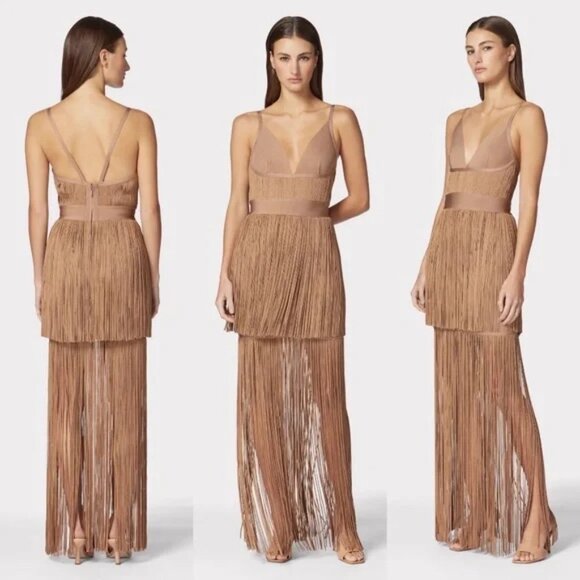 Herve Leger Plunging Fringe Gown | Toffee - Picture 6 of 10